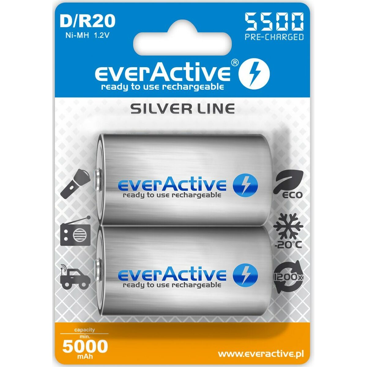 Batería recargable EverActive EVHRL20-5500 5000 mAh 1,2 V (2 Unidades)